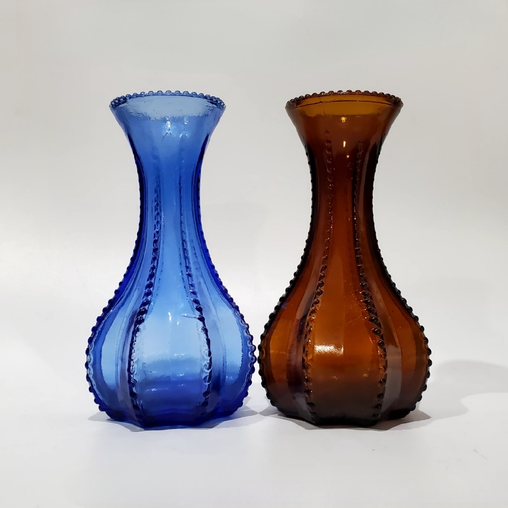 2pc Vntg 5" Tall Blue & Brown Octagon 8 Sided Beaded Glass Bud Vases